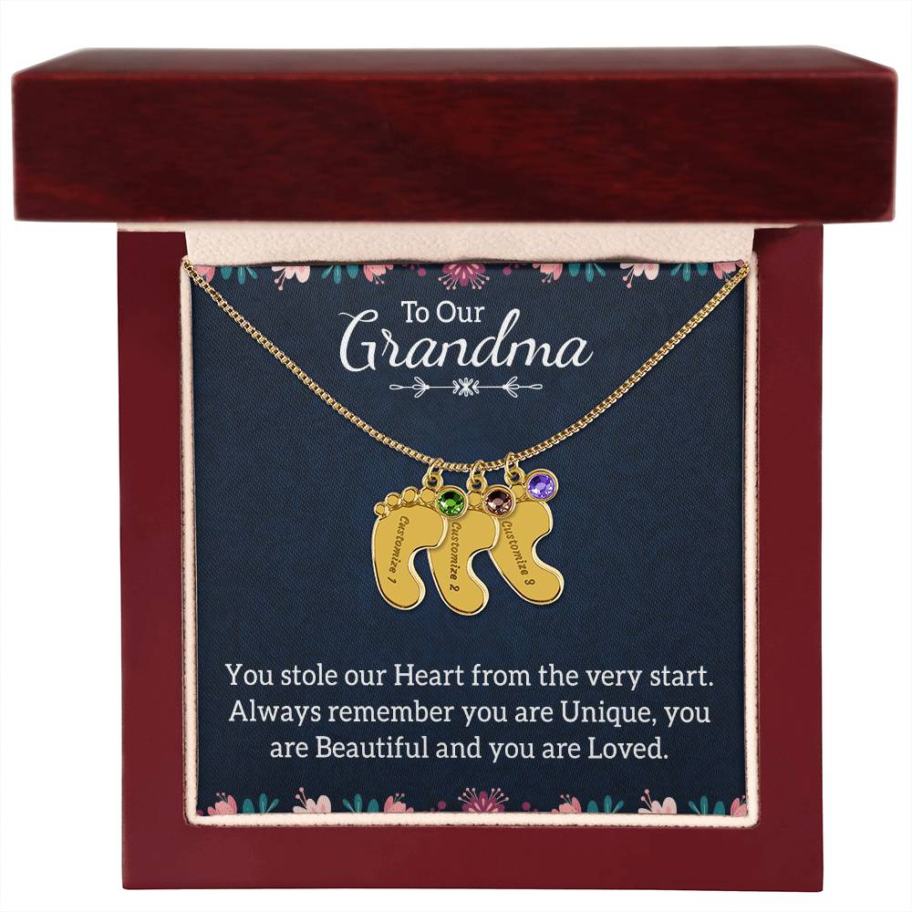 Engraved Baby Feet Necklace with Birthstone -To Our Grandma