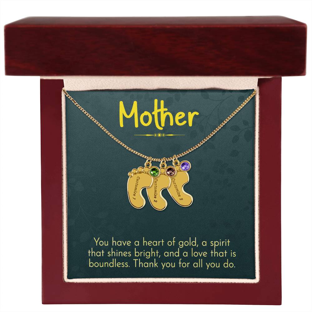 Engraved Baby Feet Necklace with Birthstone - Mom, Thank You for All You Do
