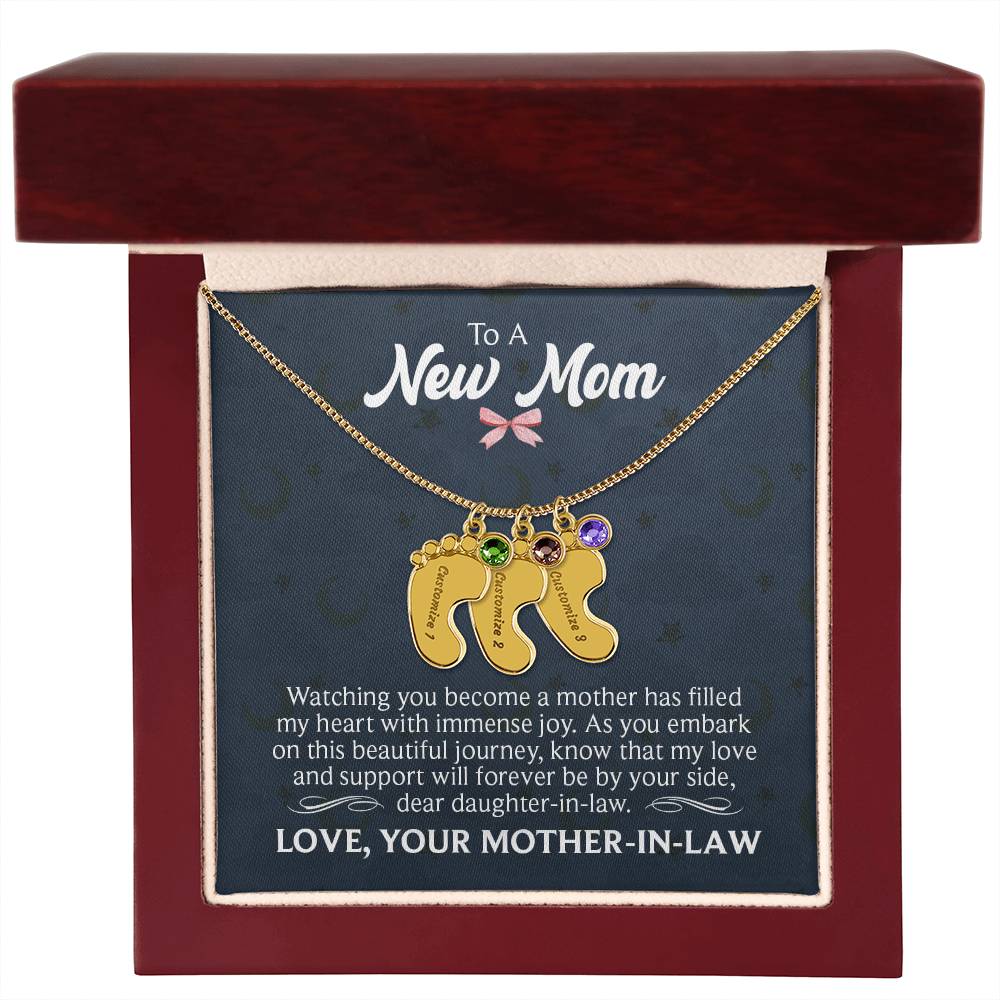 Engraved Baby Feet Necklace with Birthstone - To A New Mom