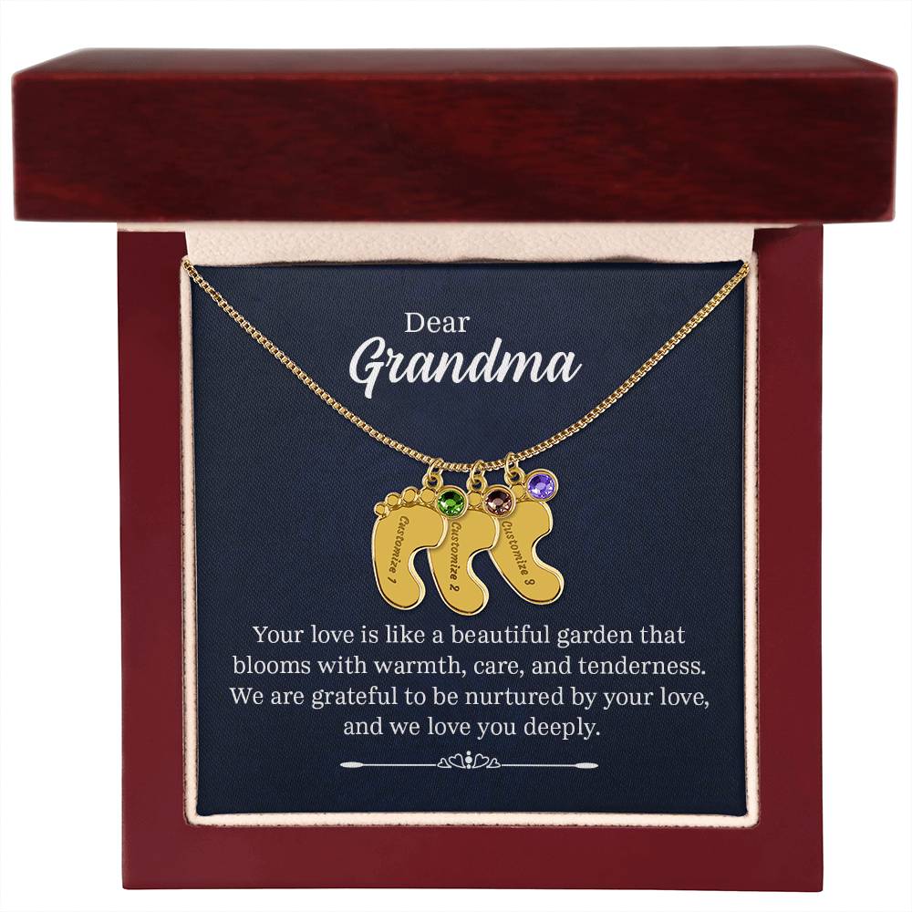 Engraved Baby Feet Necklace with Birthstone - Dear Grandma