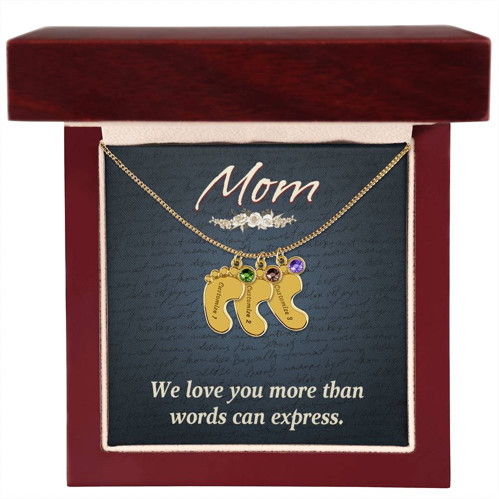 Engraved Baby Feet Necklace with Birthstone - Mom, We Love You