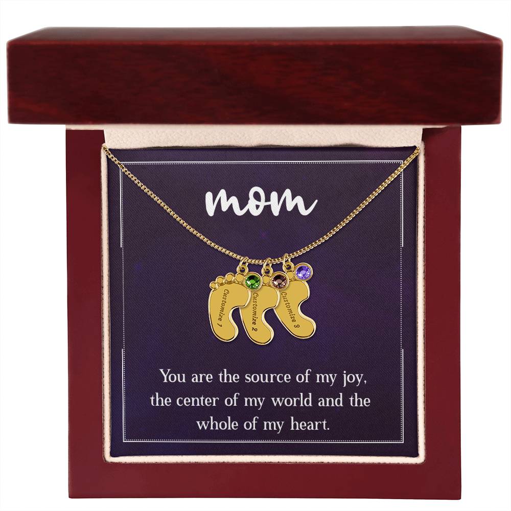 Engraved Baby Feet Necklace with Birthstone - Mom, You Are The Source Of My Joy