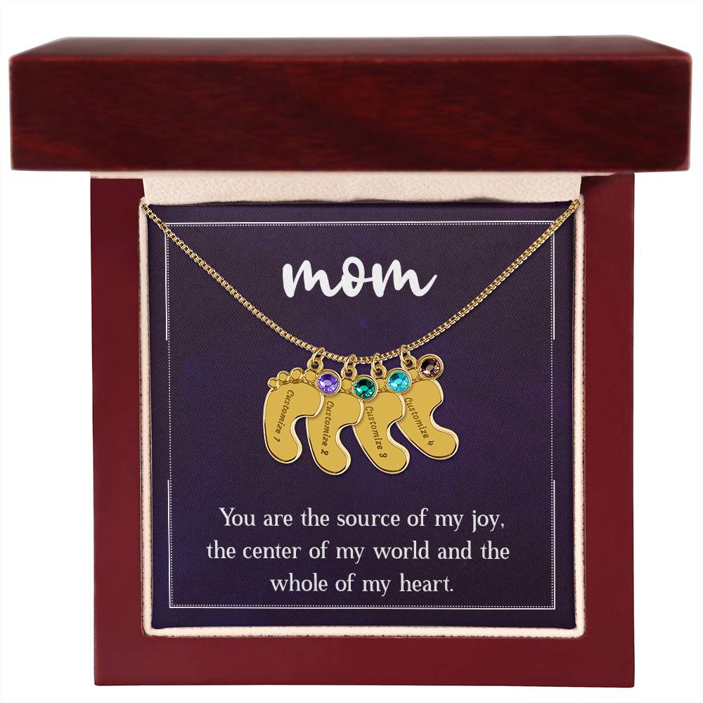 Engraved Baby Feet Necklace with Birthstone - Mom, You Are The Source Of My Joy