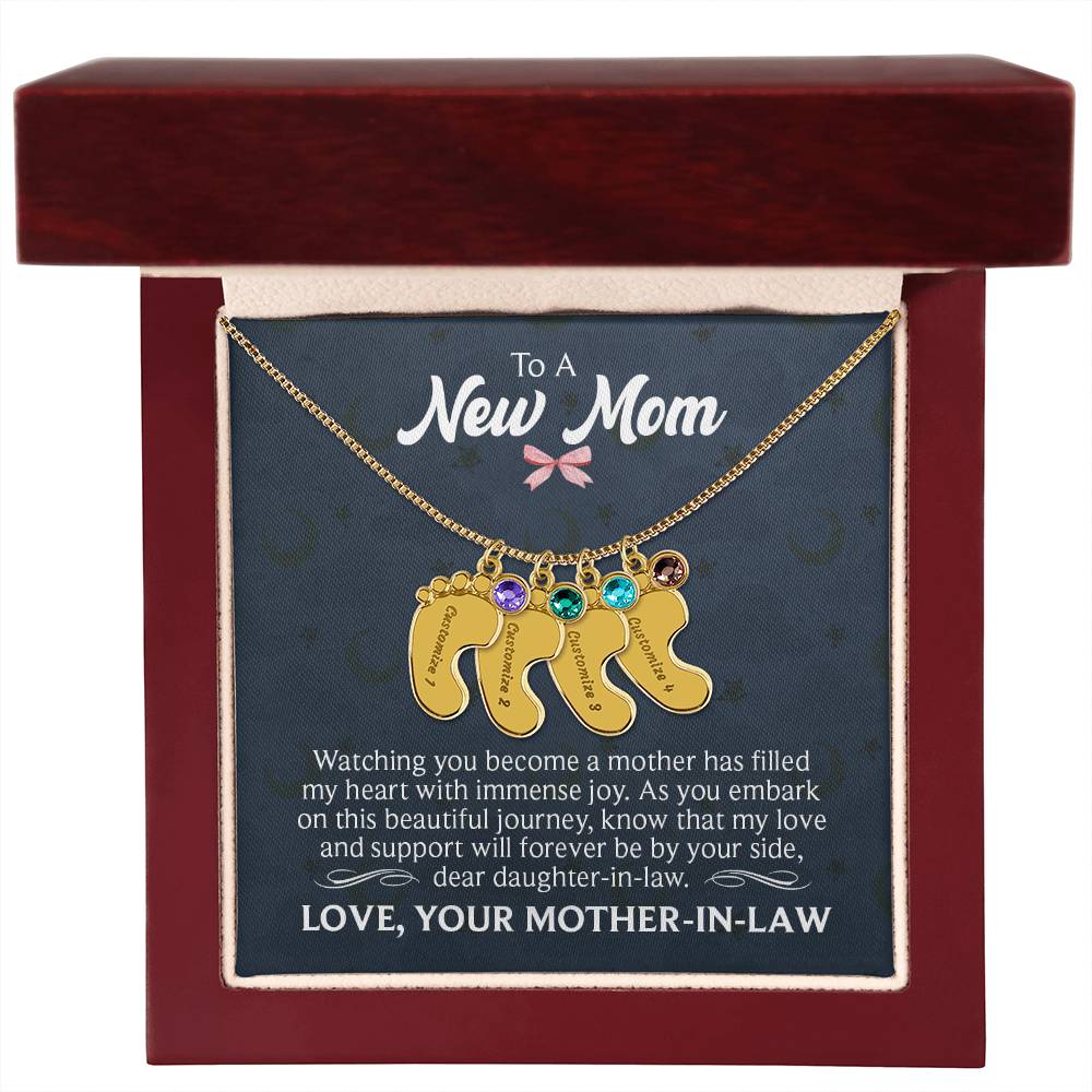 Engraved Baby Feet Necklace with Birthstone - To A New Mom