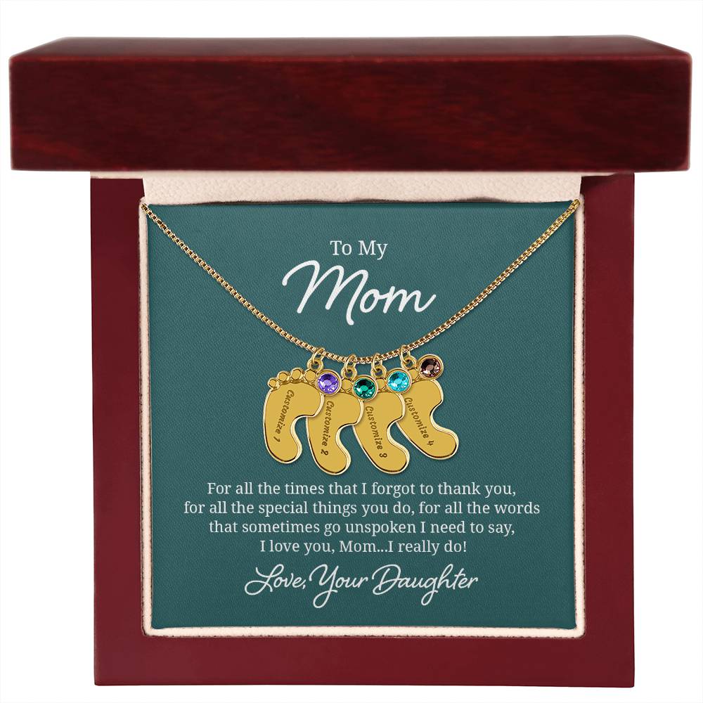 Engraved Baby Feet Necklace with Birthstone - I Love You Mom