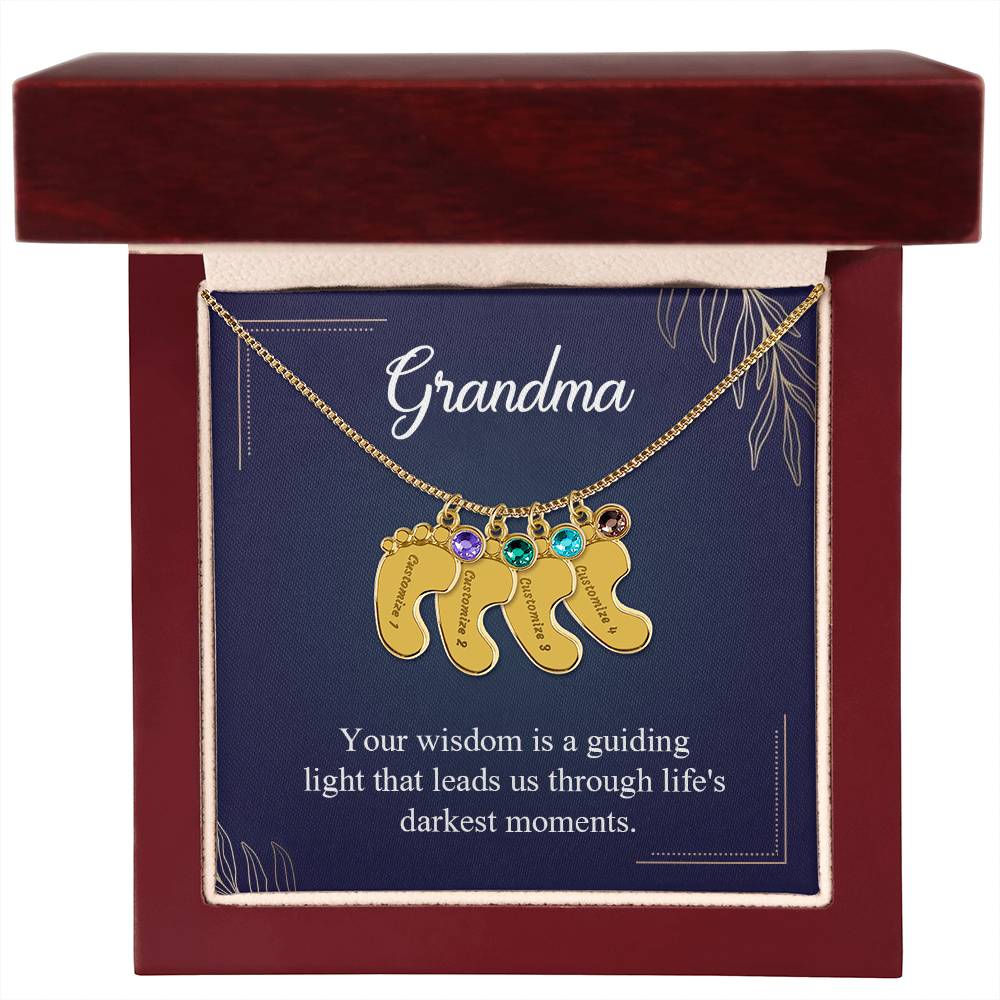 Engraved Baby Feet Necklace with Birthstone - Grandma, Your Wisdom