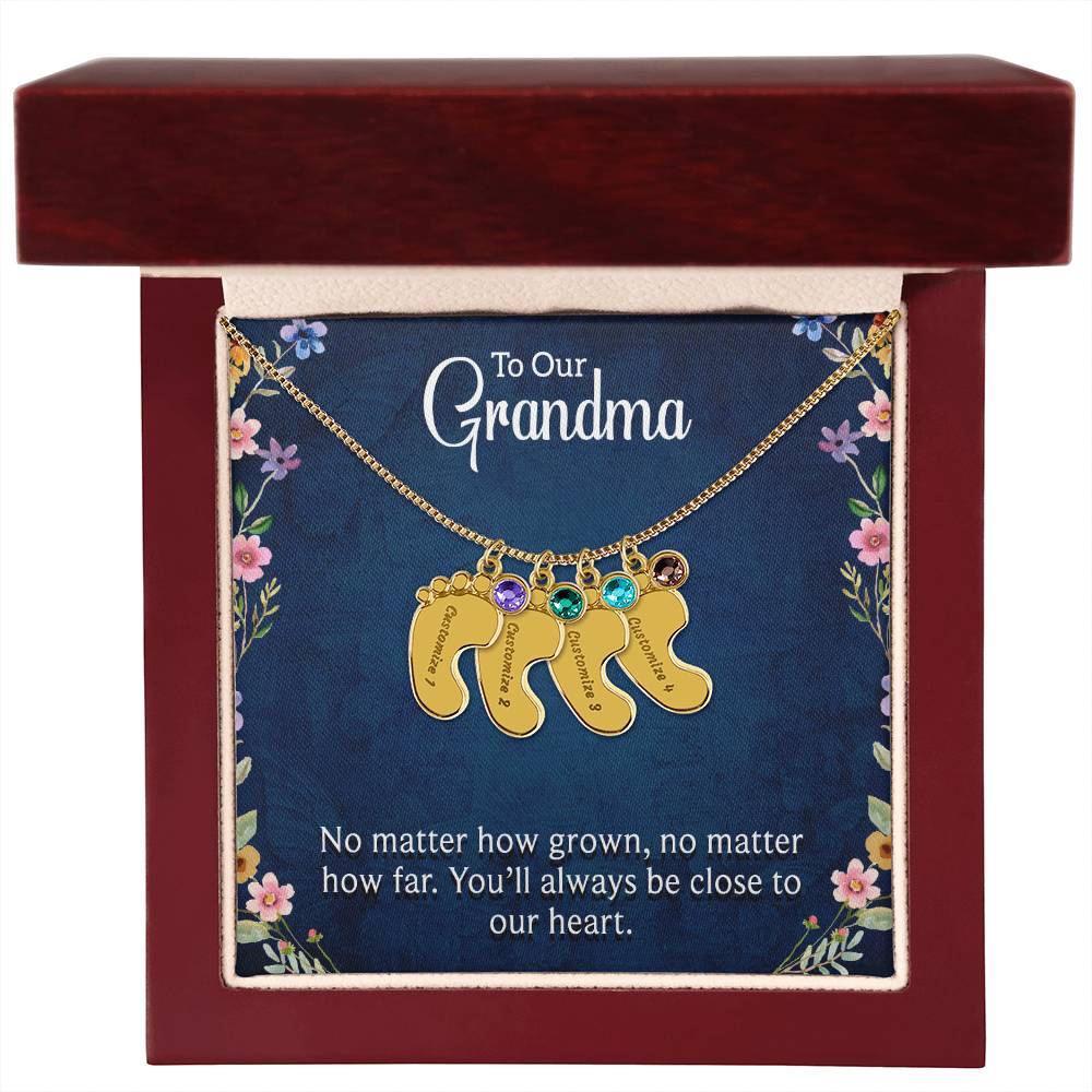 Engraved Baby Feet Necklace with Birthstone - To Our Grandma