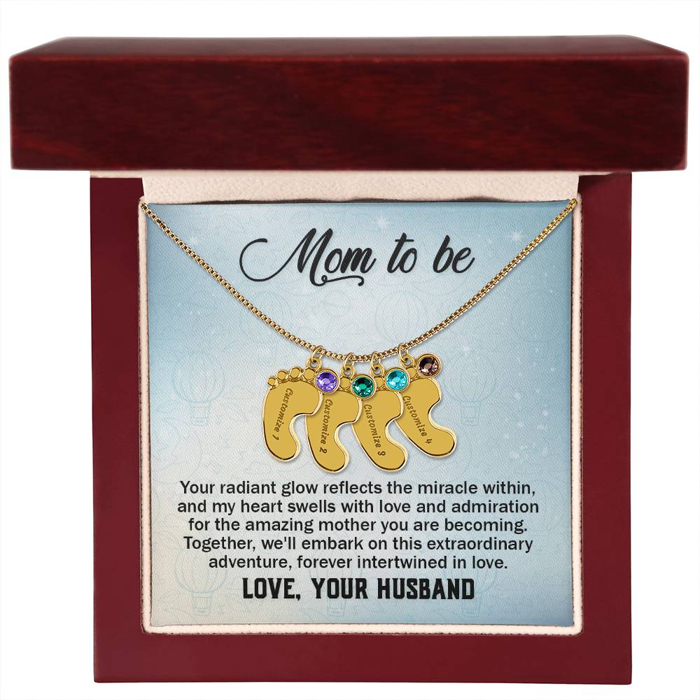 Engraved Baby Feet Necklace with Birthstone - Mom To Be