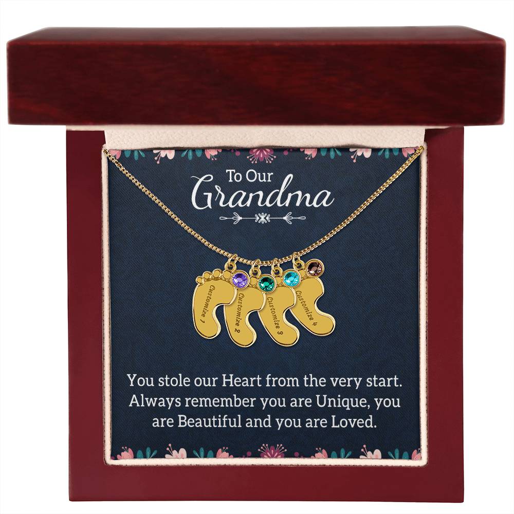 Engraved Baby Feet Necklace with Birthstone -To Our Grandma