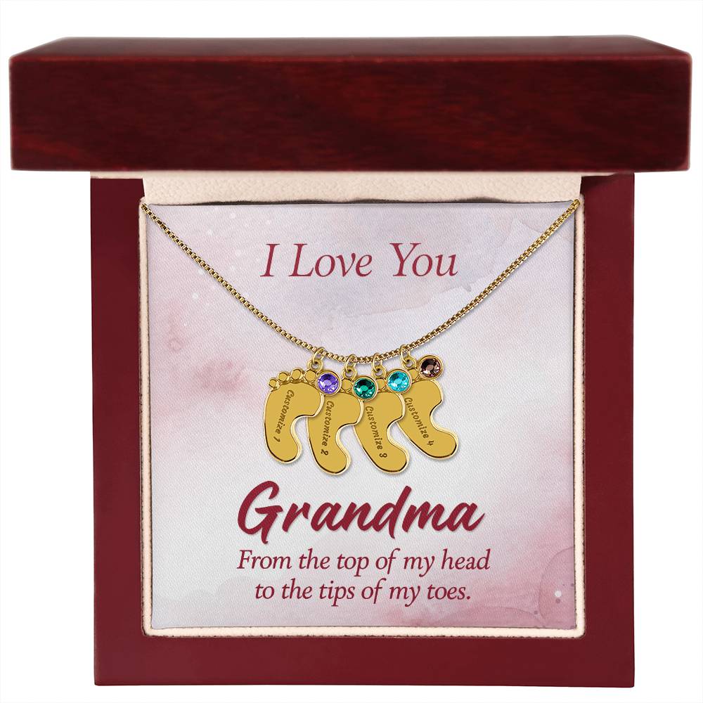 Engraved Baby Feet Necklace with Birthstone - I Love You Grandma