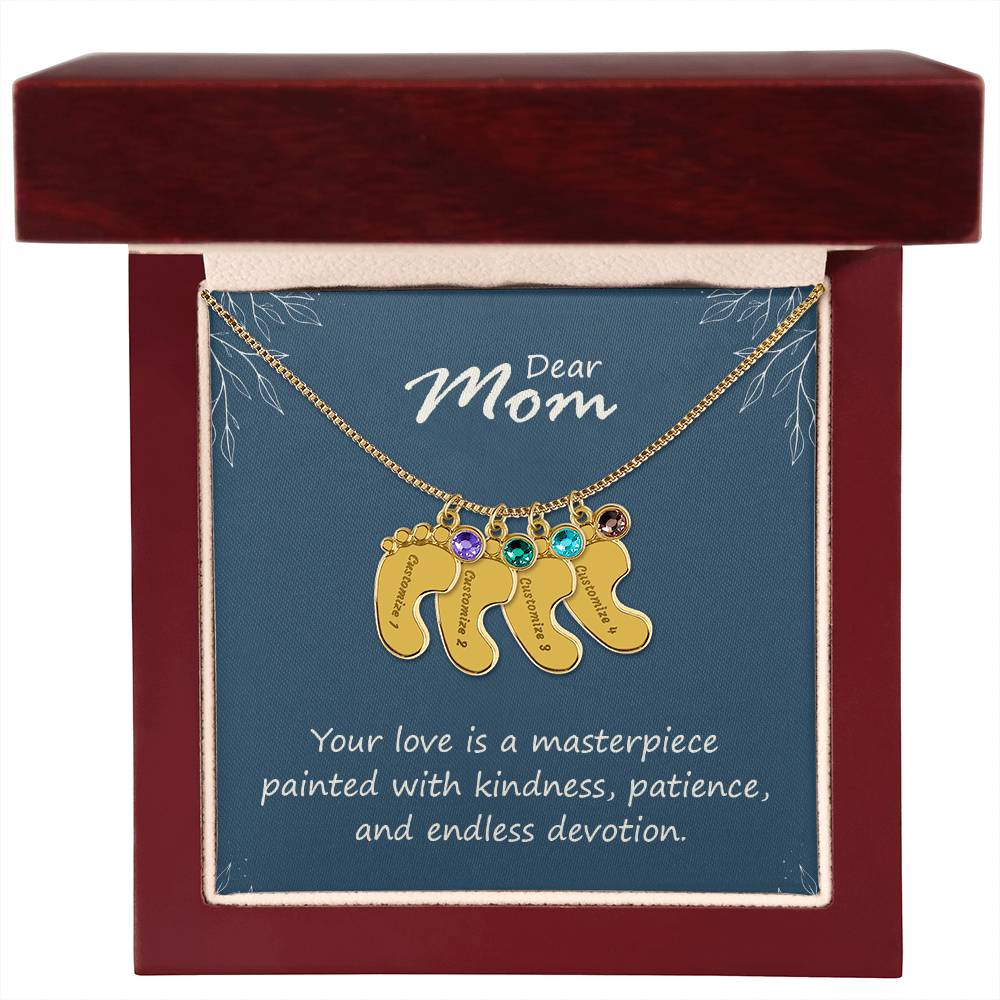 Engraved Baby Feet Necklace with Birthstone - Mom, Your Love Is A Masterpiece