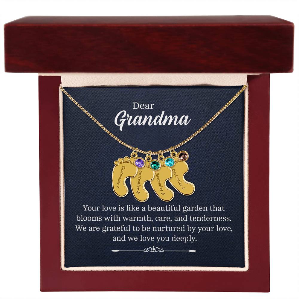Engraved Baby Feet Necklace with Birthstone - Dear Grandma