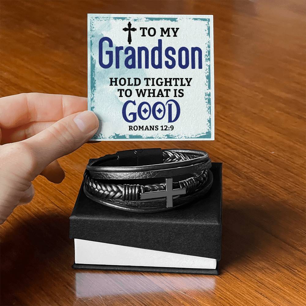Men's Cross Leather Bracelet - To My Grandson