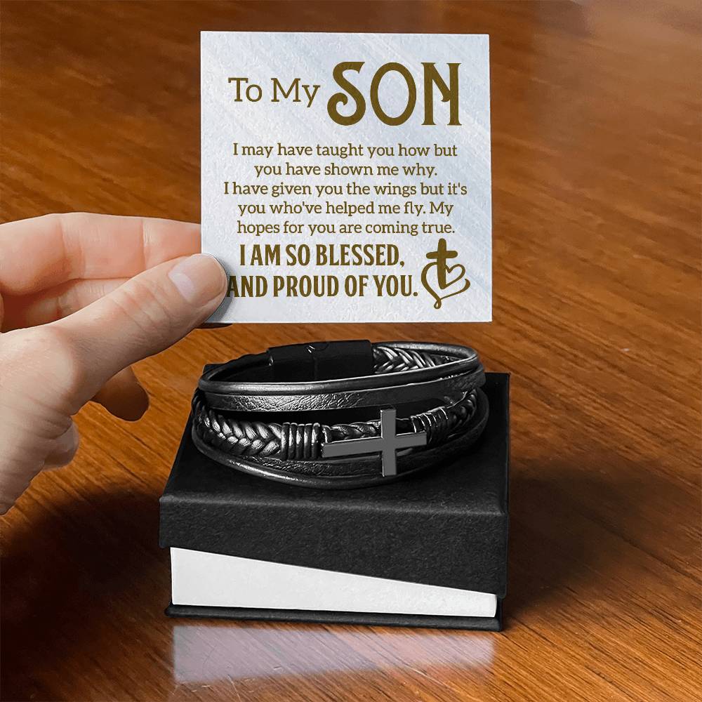 Men's Cross Leather Bracelet - To My Son