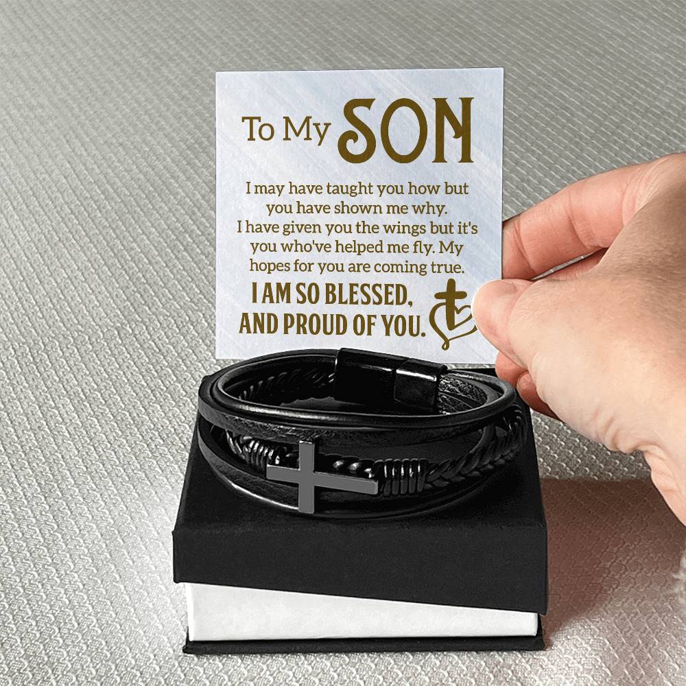 Men's Cross Leather Bracelet - To My Son