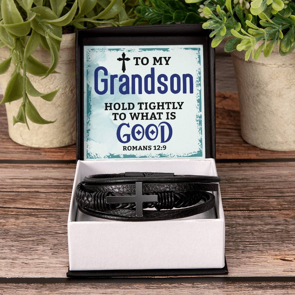 Men's Cross Leather Bracelet - To My Grandson