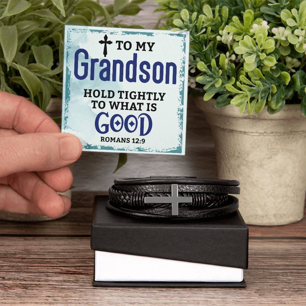 Men's Cross Leather Bracelet - To My Grandson