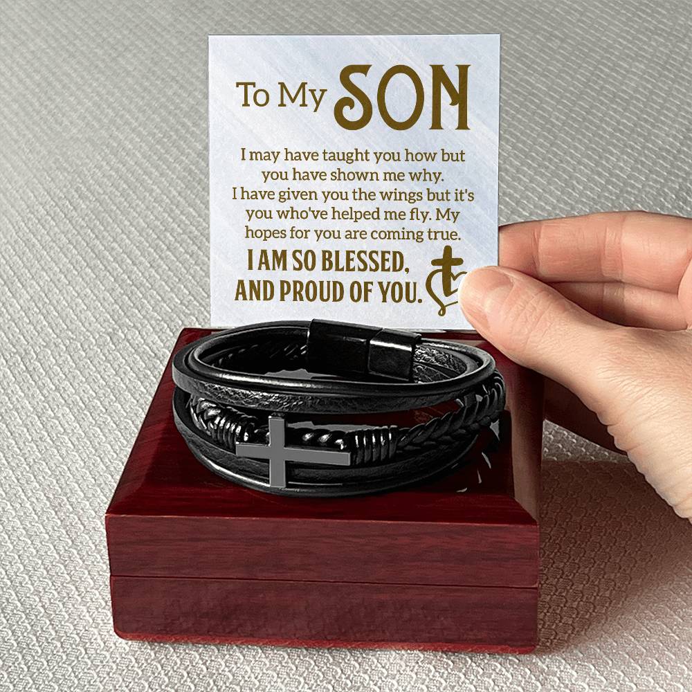 Men's Cross Leather Bracelet - To My Son