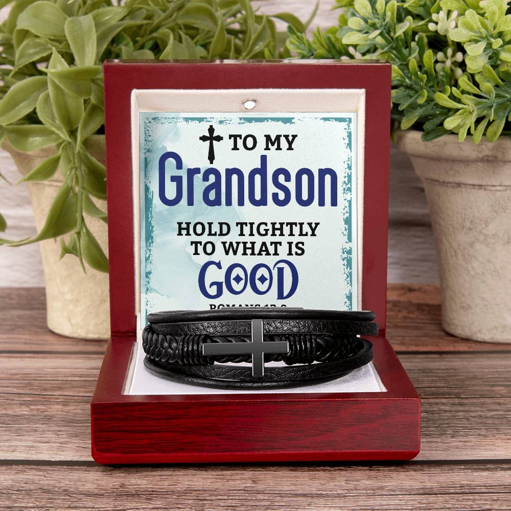 Men's Cross Leather Bracelet - To My Grandson