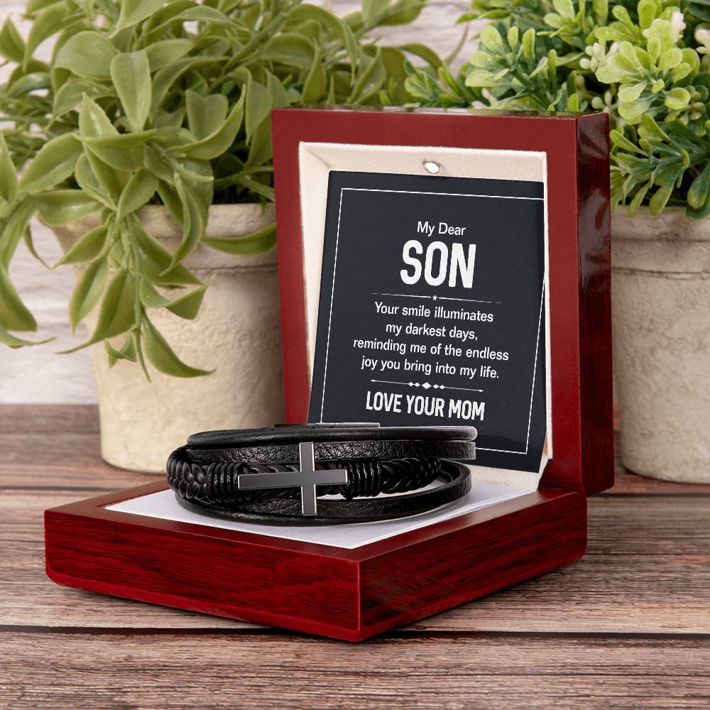 Men's Cross Leather Bracelet - My Dear Son