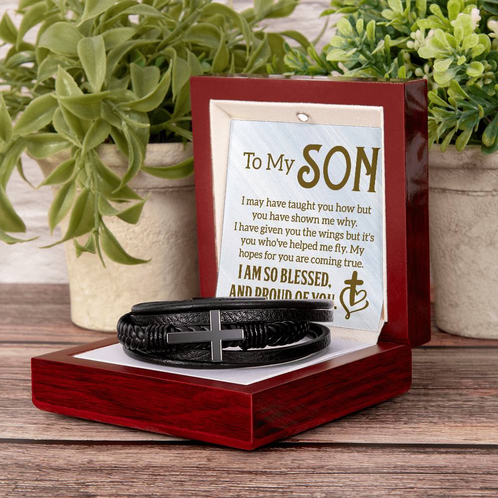 Men's Cross Leather Bracelet - To My Son
