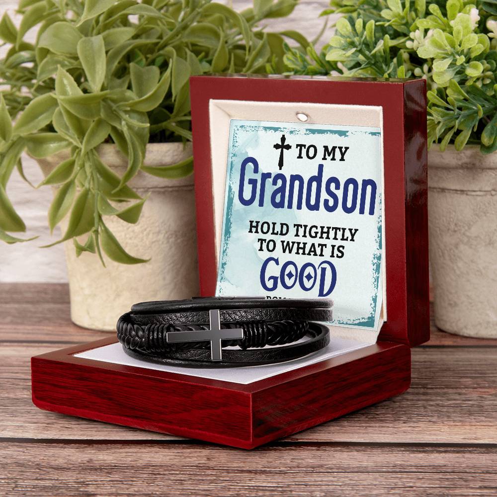 Men's Cross Leather Bracelet - To My Grandson