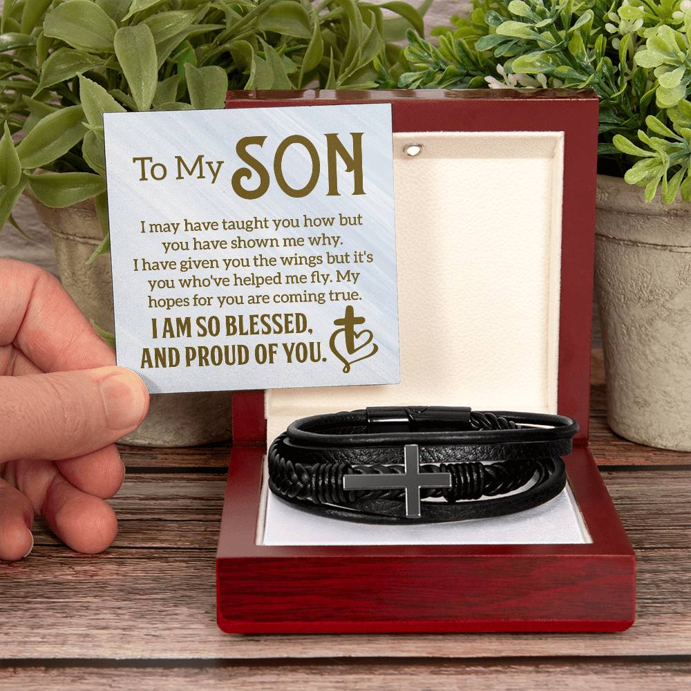 Men's Cross Leather Bracelet - To My Son