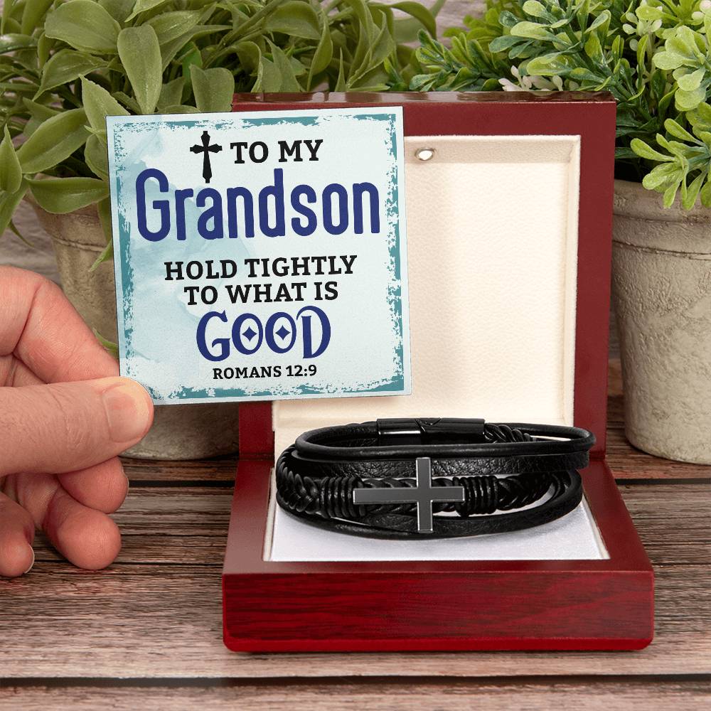 Men's Cross Leather Bracelet - To My Grandson