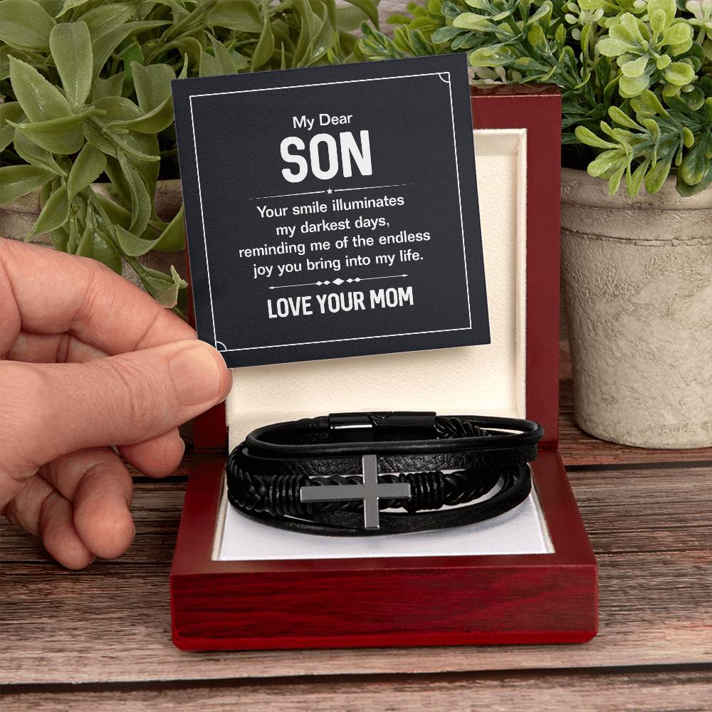 Men's Cross Leather Bracelet - My Dear Son