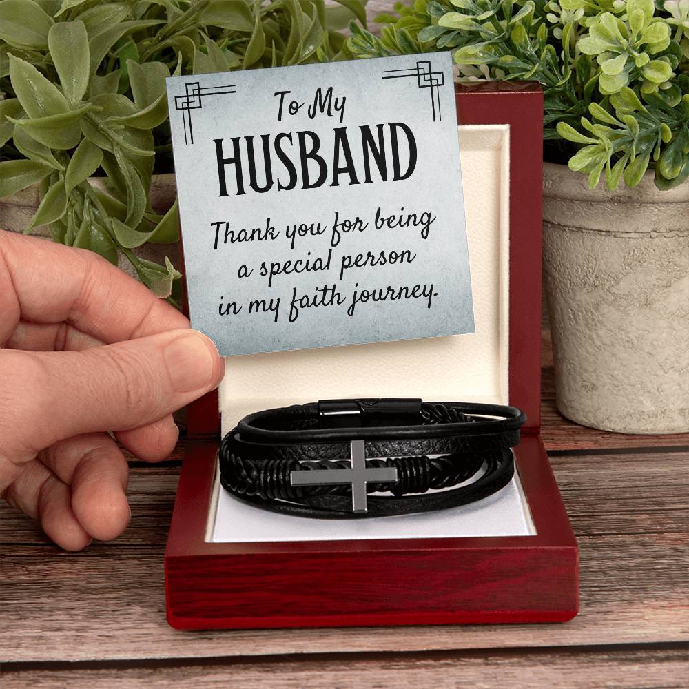 Men's Cross Leather Bracelet - To My Husband