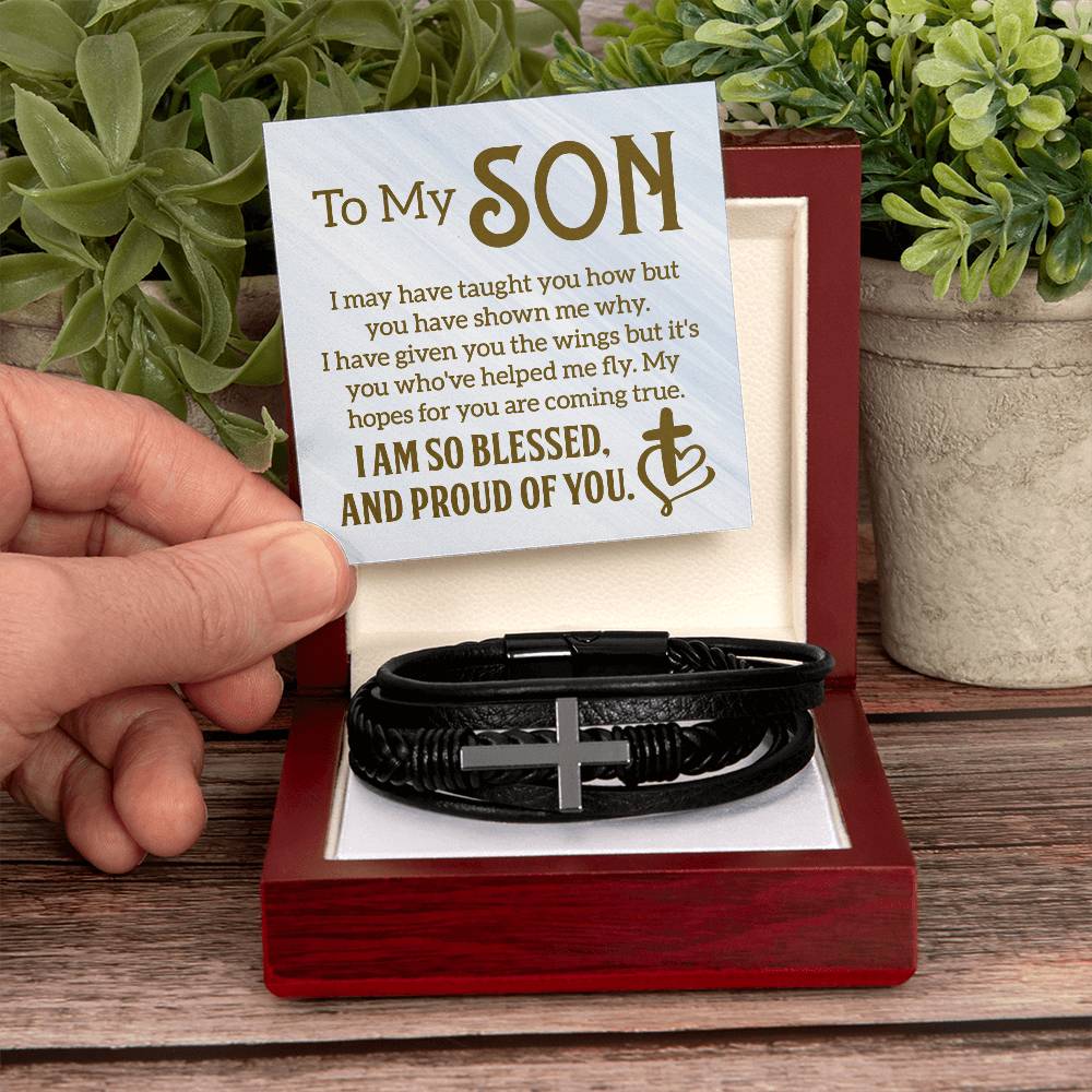 Men's Cross Leather Bracelet - To My Son