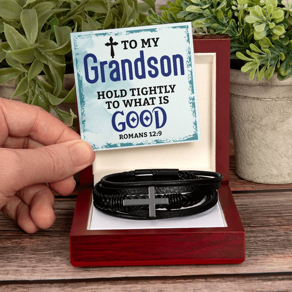 Men's Cross Leather Bracelet - To My Grandson