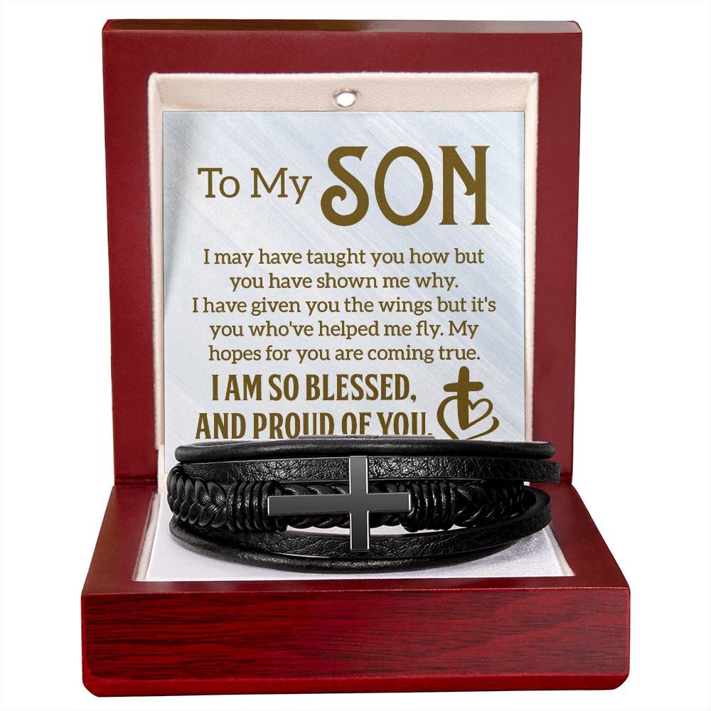 Men's Cross Leather Bracelet - To My Son