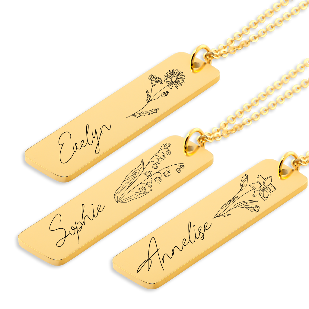 Engraved Name & Birthflower Bar Necklace