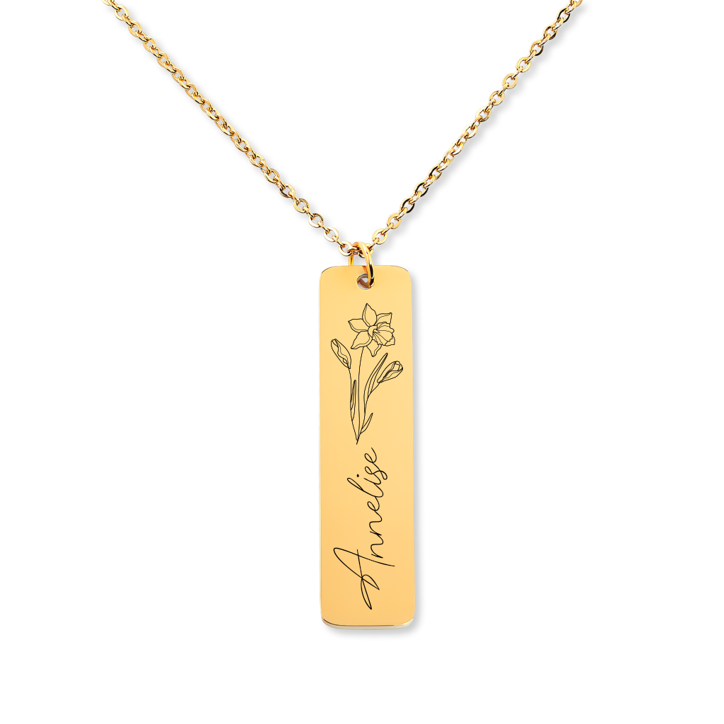 Engraved Name & Birthflower Bar Necklace