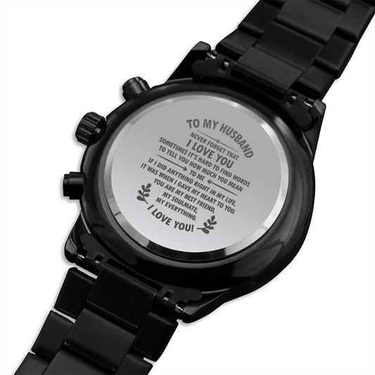 Engraved Design Black Chronograph Watch For Husband