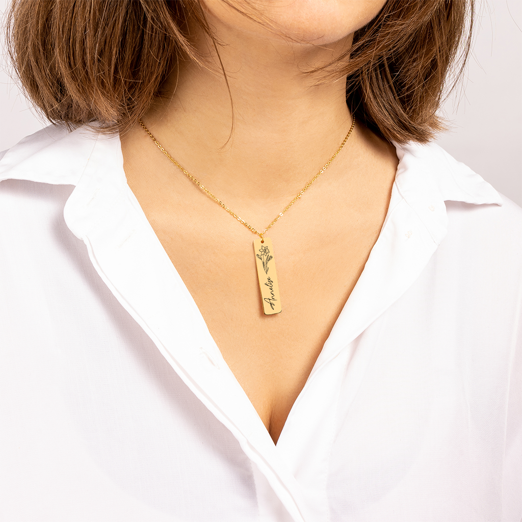 Engraved Name & Birthflower Bar Necklace