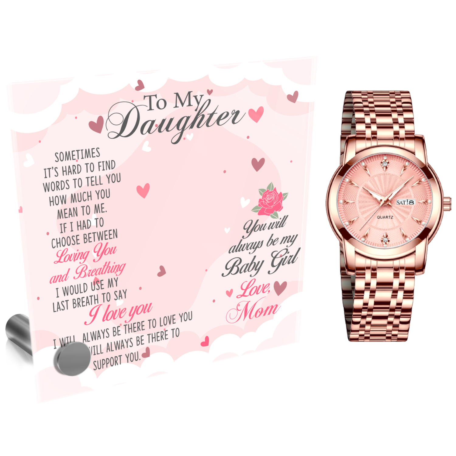 Ladies Rose Gold Watch and Lumenglass Display Message Card Stand Gift