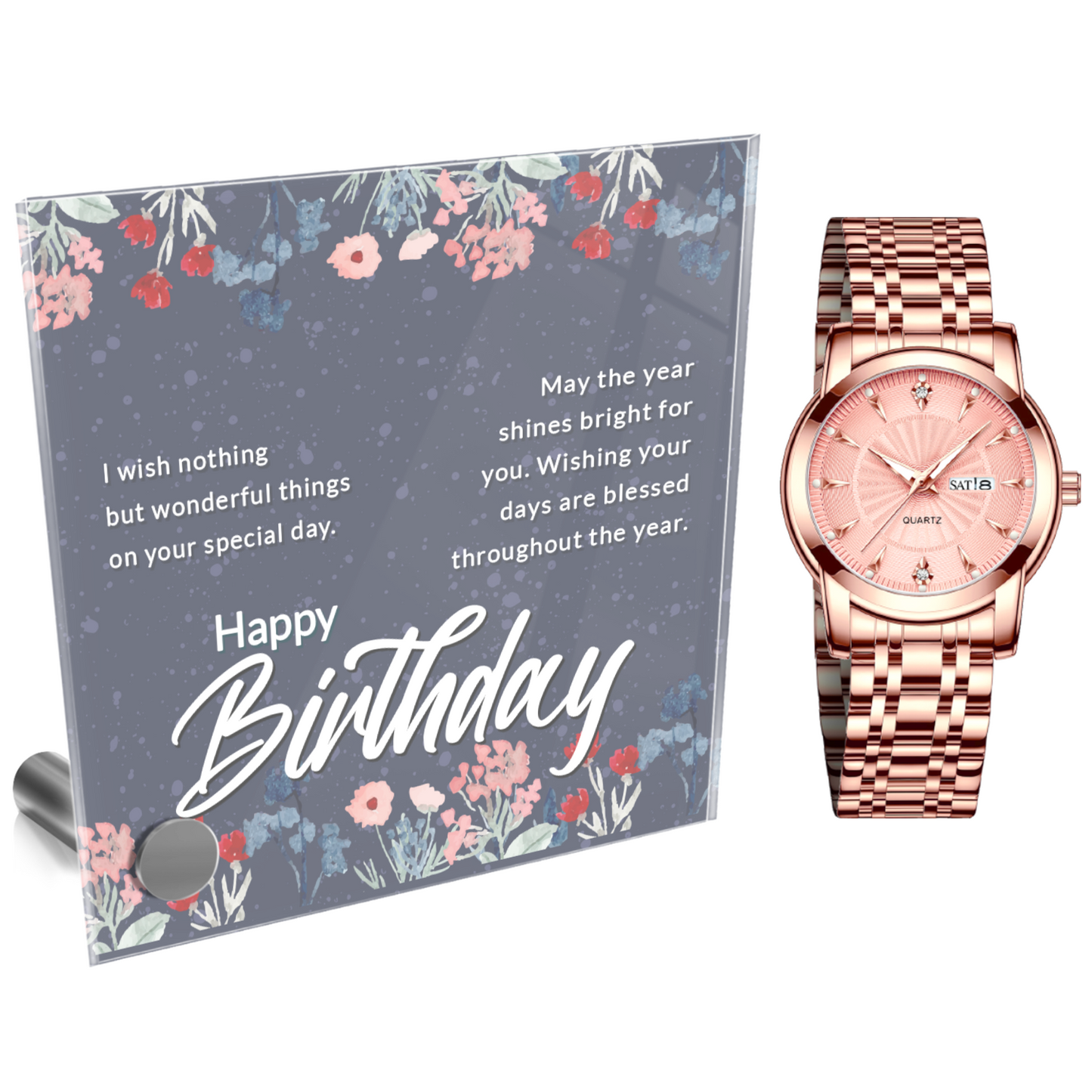 Ladies Rose Gold Watch and Lumenglass Display Message Card Stand Gift Set - Happy Birthday
