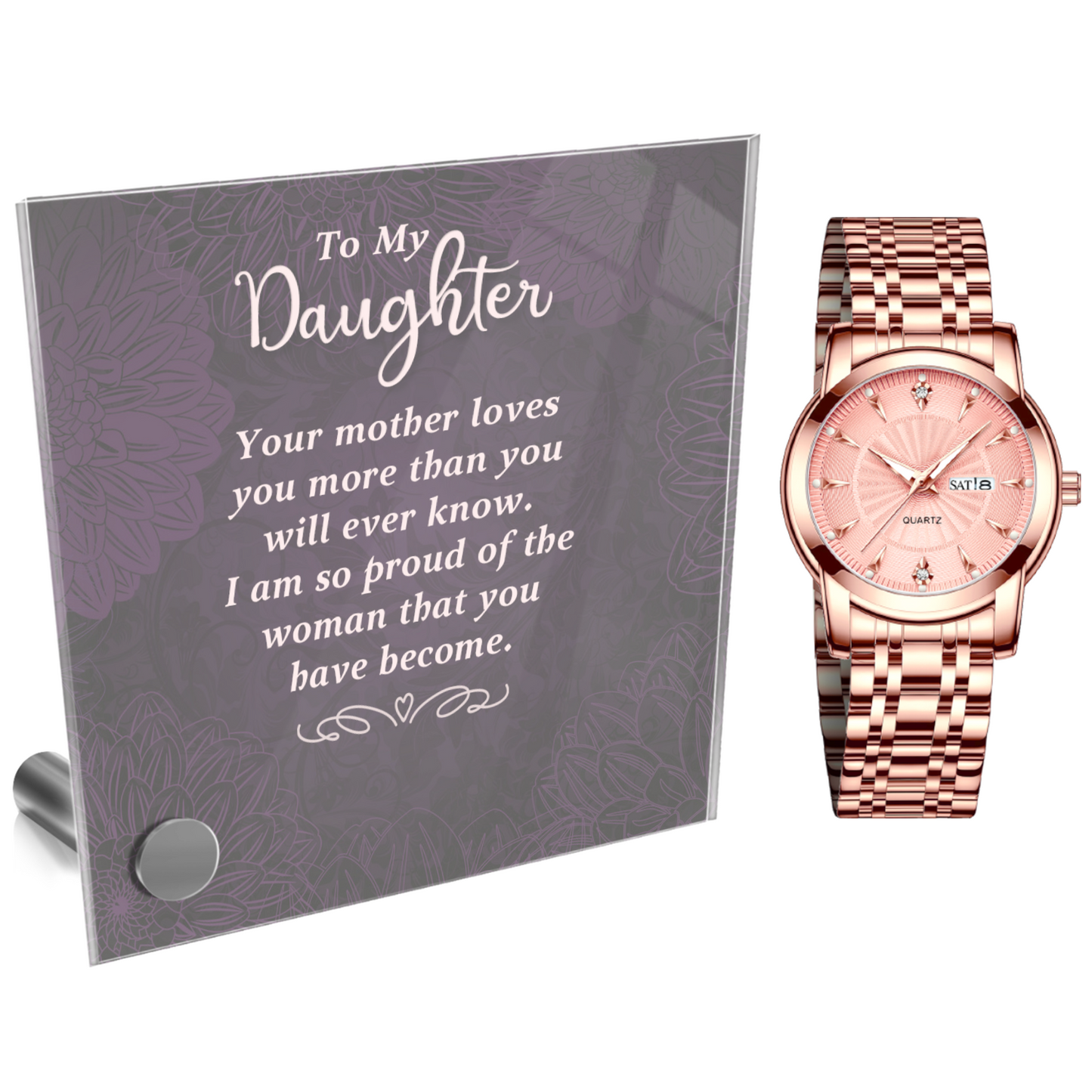 Ladies Rose Gold Watch and Lumenglass Display Message Card Stand Gift Set - To My Daughter