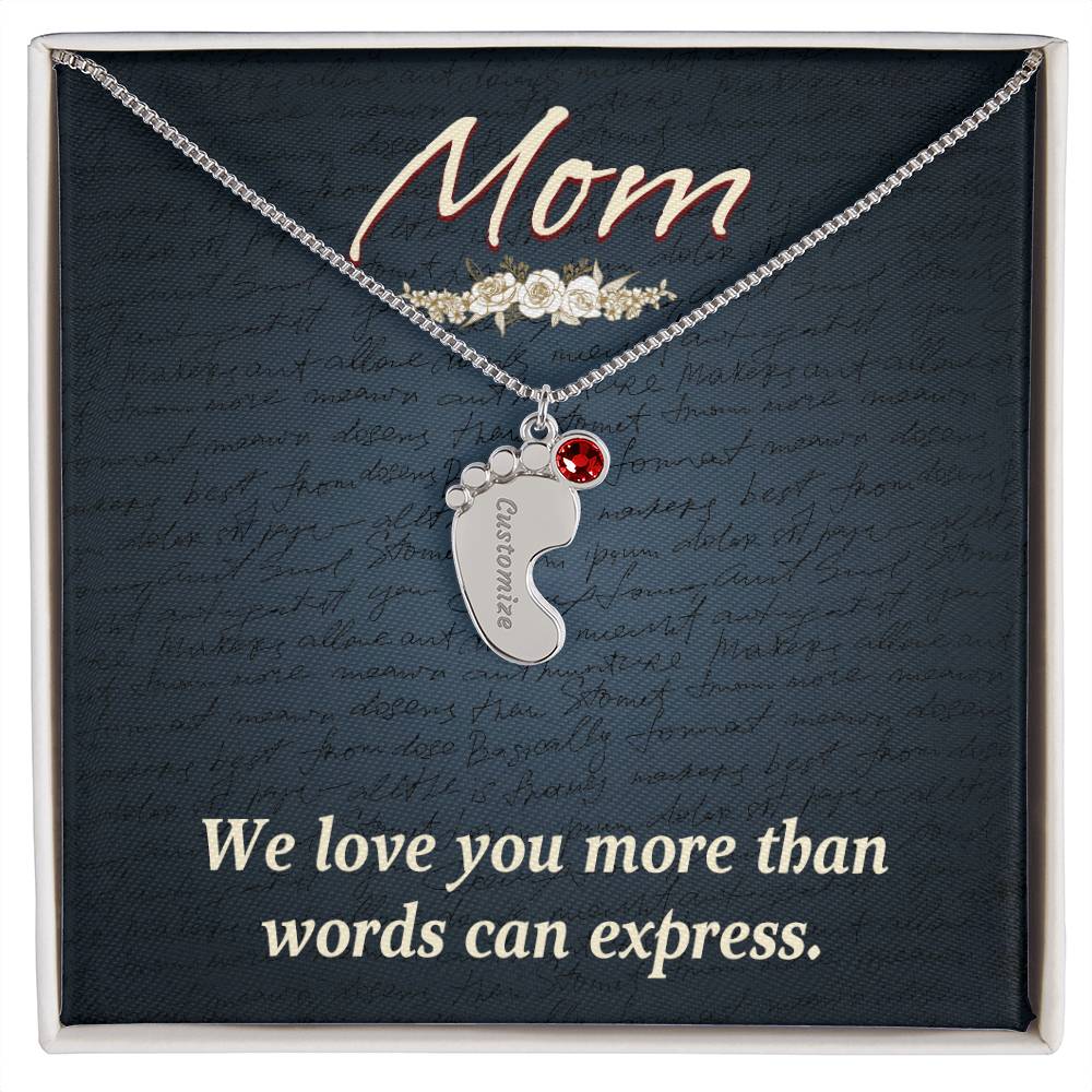 Engraved Baby Feet Necklace with Birthstone  - Mom, We Love You