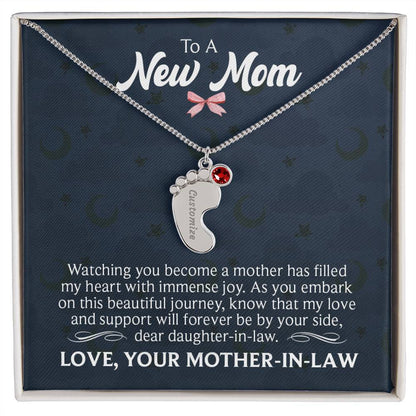 Engraved Baby Feet Necklace with Birthstone  - To A New Mom