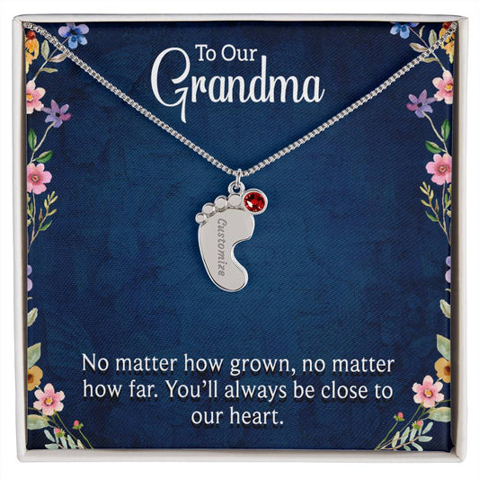 Engraved Baby Feet Necklace with Birthstone  - To Our Grandma