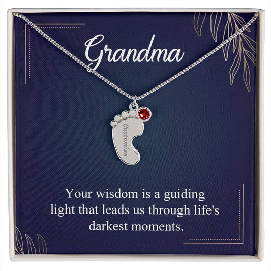 Engraved Baby Feet Necklace with Birthstone - Grandma, Your Wisdom