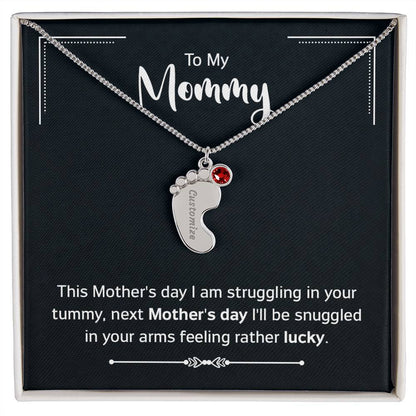 Engraved Baby Feet Necklace with Birthstone - Mother's Day