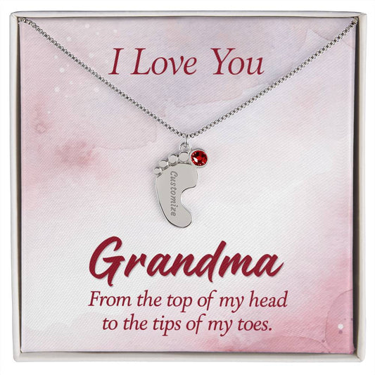 Engraved Baby Feet Necklace with Birthstone - I Love You Grandma