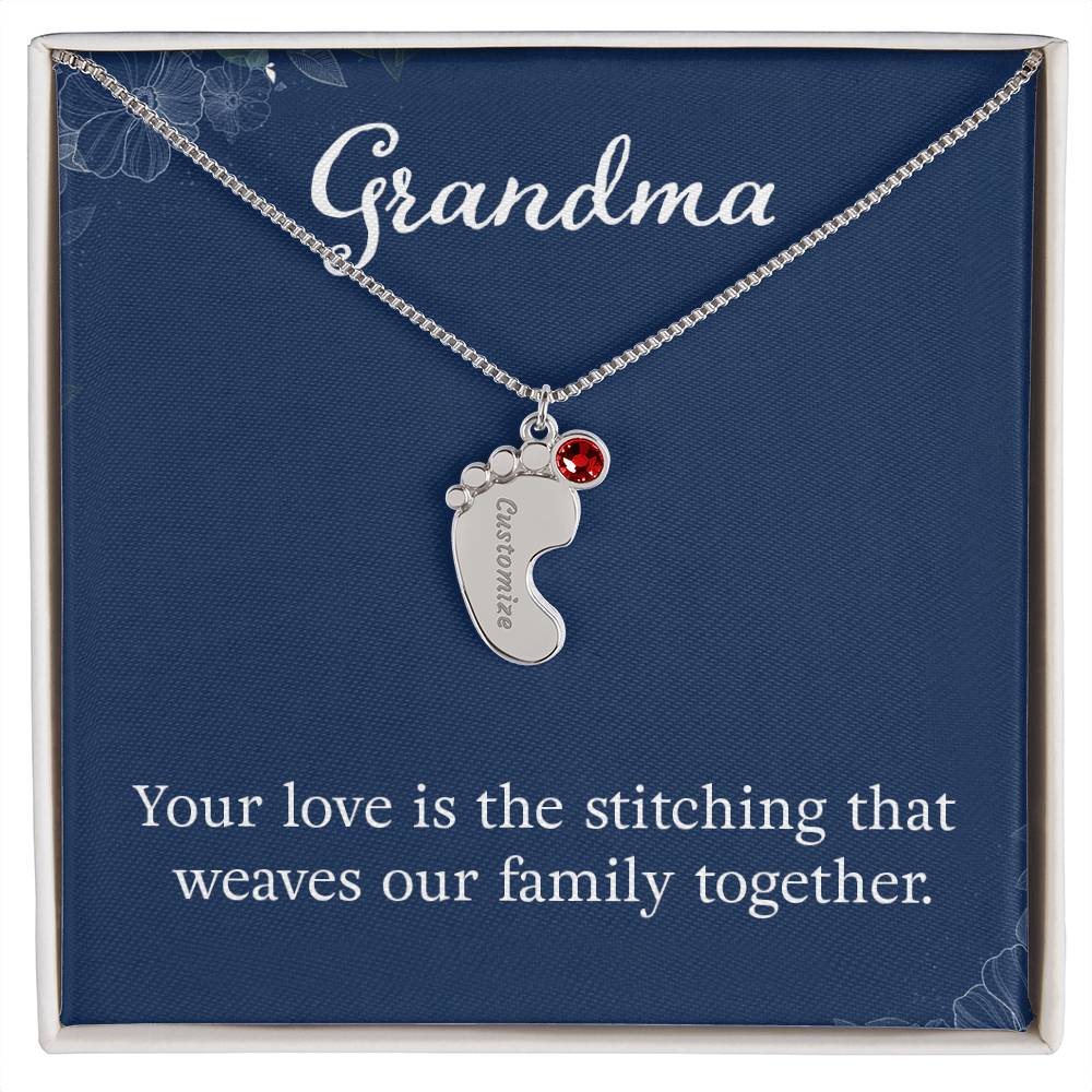 Engraved Baby Feet Necklace with Birthstone -Grandma, Your Love