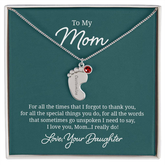 Engraved Baby Feet Necklace with Birthstone - I Love You Mom