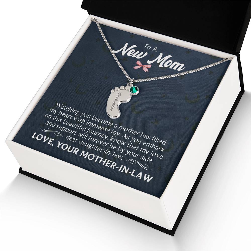 Engraved Baby Feet Necklace with Birthstone  - To A New Mom