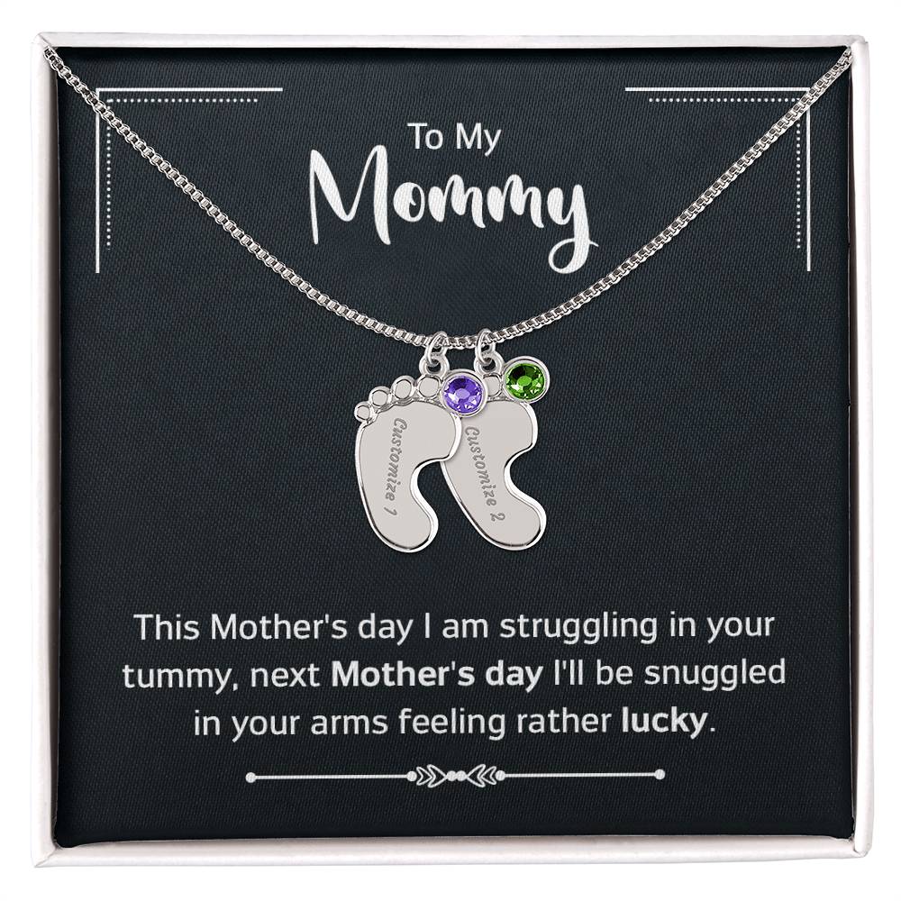 Engraved Baby Feet Necklace with Birthstone - Mother's Day